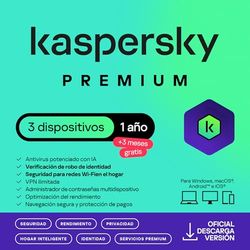 Kaspersky Premium Total Security 2025 | 3 Dispositivos | 1 Año +3 Meses Gratis | Anti-Phishing y Firewall | VPN ilimitada | Gestor de contraseñas | Control parental | Soporte 24/7 |Código por email