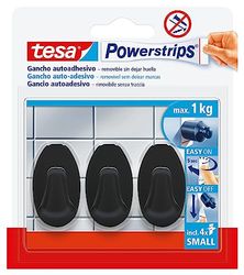 tesa Powerstrips Colgadores Adhesivos para Pared, Pequeños y Ovalados - 3x Ganchos Autoadhesivos para Colgar en Azulejo, Cristal, Plástico y Otras Superficies - 1 kg de Fuerza de Sujeción - Negro