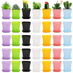 Hedume 70-pack färgglada plastväxtkrukor, mini fyrkantig blomma plantor kruka med pall, inomhus blomväxt Contai