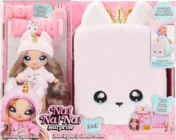 Na Na Na Surprise 3-in-1 Backpack Bedroom Unicorn Playset with Fashion Doll - Britney Sparkles - Fashion Doll and Fuzzy Pink Unicorn Backpack, Closet with Pillows & Blanket - Great for Kids Ages 4+