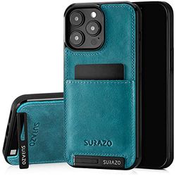 SURAZO Funda de Piel auténtica para Apple iPhone 15 Pro MAX, Resistente a los Golpes, con Tarjetero, función Atril, Llavero, Funda Protectora Vintage (Turquesa)