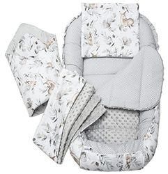 Medi Partners Reducteur de lit Bébé Cocon 100x60x15cm 100% Coton Baby Nest Nouveau-né Nid de Bébés Oreiller Couverture Insert Amovible (Cerf en Feuilles avec Minky Gris)