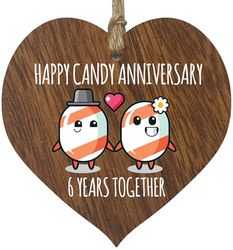 6th Wedding Anniversary Plaque Gift for Husband Wife - 6 Years Together - Happy Iron Anniversary Wooden Heart for Women Men Partner, Dark Wood Sign Keepsake Gifts