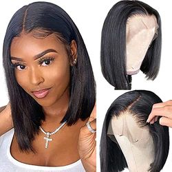 Qangelabeauty Parrucche corte a caschetto da 35,6 cm x 4 cm, parrucca frontale trasparente in pizzo frontale per capelli umani pre-pizzicate parrucche per capelli vergini brasiliani per donne nere