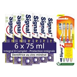 Signal Dentifrice Integral 8 Antibactérien Complet, Action anti-plaque pendant 24h (Lot de 6x75ml) + Brosse à Dents Protection Intégrale Brosse Médium