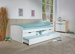 Inter Link – Lit gigogne – Lit avec rangements – Lit tiroir en MDF – 2 couchages 90x200 cm – 3 tiroirs de rangement – Bois massif vernis blanc – sans sommier, ni matelas – 90x200 cm - Rieka