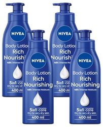 NIVEA Rich Nourishing Body Lotion (400ml), NIVEA Moisturiser for Dry Skin Made with Deep Moisture Serum, Natural Almond Oil, and Vitamin E, Smooth Skin NIVEA Body Lotion (Pack of 4)