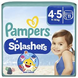 Pampers Splashers Pieluchy do Pływania Rozmiar 4-5 (9-15 kg), Baby Shark, 11 Sztuk, Jednorazowe Pieluchomajtki z Ochrona w Wodzie