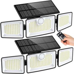 Lumisky GLEAMAX - Set di 2 faretti solari a 3 teste, colore: bianco potente, orientabili con sensore di movimento e telecomando, ideali per giardino, terrazza ed esterno