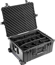 PELI 1610 stötsäker låda för ömtålig utrustning, IP67-vatten- och dammtät, 62 liters kapacitet, tillverkad i Tyskland, med stoppade avdelare, svart