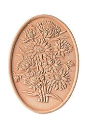 PANNELLI IN TERRACOTTA (3 PEZZI):GIRASOLI ALT. CM. 20, LARG. CM. 14. ROSONE MARGHERITA DIAMETRO CM. 30, PROFON. CM. 3. COLLINA ALT. CM. 23, LARG. CM. 30, PROFOND. CM. 3,5.