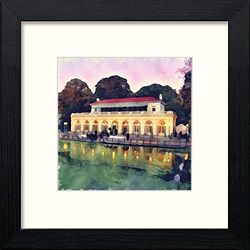 Lumartos, New York Prospect Park Boathouse Contemporary Home Decor Wall Art Watercolour Print, Black Wood Frame, 14 x 14 Inches