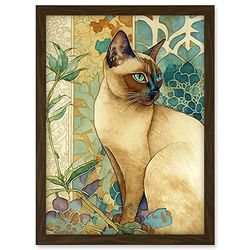Artery8 Tonkinese Cat with Art Nouveau Botanical Patterns Colourful Watercolour Illustration Artwork Framed A3 Wall Art Print