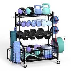 ZACHVO Halterrek, halterrek, halterrek, voor halters, Thuisgymopslag voor halters, Kettlebells Yogamat en ballen, alles-in-één trainingsopslag met wielen en haken, gepoedercoat staal
