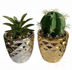 Leaf Set of Two Ceramic Planters with Artificial Succulent Plants, Silver and Gold, 15cm