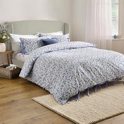 Wylder Nature Parure de lit Hannah de 100% Coton délavé, Motif Floral avec Fermetures à nœud (Bleu - Simple)