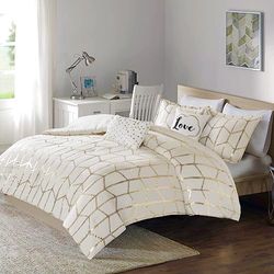 Intelligent Design Modern Trendy All Season Bedding Set, Matching Sham, Decorative Pillow, Polyester, Ivory/Gold, King