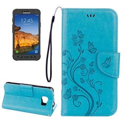 Carcasa de telefono for Galaxy S7 Active Presionado Flores Patrón de Mariposa Horizontal Flip Funda de Cuero con Soporte y Ranuras for Tarjetas y Billetera y cordón (Negro) (Color : Azul)