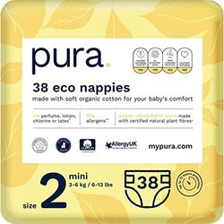 Pura Pannolini Ecologici, Taglia 2 (Mini 3-6kg), 38 Pannolini (Confezione da 1), Certificati EU Ecolabel, Adatti per la Pelle Sensibile, Cotone Biologico, Senza Profumo, Indicatore di Umidità