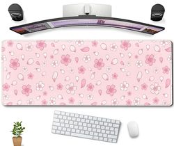 Alfombrilla de ratón con diseño de flor de cerezo, color rosa Kawaii, tamaño XL, para videojuegos, estilo anime pastel, para ordenador portátil, decoración de oficina, bordes cosidos, 80 x 30 cm
