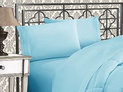 Elegant Comfort Set di Lenzuola Ricamate più morbide di qualità alberghiera, 4 Pezzi, Resistenti alle Pieghe e allo sbiadimento, in Microfibra, Colore Azzurro, per Letto Matrimoniale