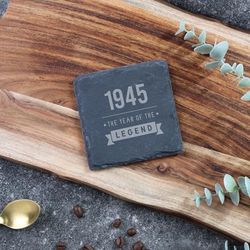 eBuyGB Engraved 1945 Year of The Legend Square Slate Coaster, 80th Milestone Birthday Gift for Men, Eightieth Gift for Him