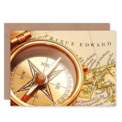 Wee Blue Coo ANTIQUE BRASS COMPASS OVER OLD CANADIAN MAP BLANK GREETINGS CARD