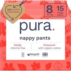 Pura Eco Nappy Pants - rozmiar 8 (19 kg+), 15 nóżek, odpinane szelki dla wrażliwej i alergicznej skóry, hipoalergiczne, bez zapachu, z łatwym bokiem