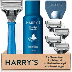 Harry's Rasoio bagnato per uomini – Set di rasatura con manico blu 4 lame di ricambio per rasoi da viaggio, 60 ml di gel da barba, lame da rasoio, lame da uomo, lame da rasatura maschile