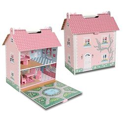 Deqube 913D00017 Houten poppenhuis met 2 verdiepingen, met zolder en tuin, met handgrepen voor eenvoudig transport, inclusief 7 speelaccessoires, afmetingen 39 x 34,5 x 18 cm