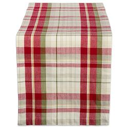DII Caminho de mesa de linho, algodão, cinzento pardo/vermelho, 14 x 108 polegadas