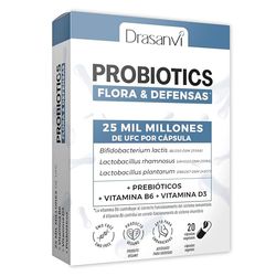 PREBIOTICOS CON PROBIOTICOS, Vitamina D3 y B6 | 25.000 Millones UFC por Cápsula | Probioticos intestinales Flora Intestinal y Defensas |1 Cápsula al dia probióticos | 20 Cápsulas Veganas | Drasanvi
