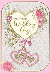 Sensations/Xpress Yourself Trouwdagkaart - Inclusief envelop - Champagne glazen en bloemen ontwerp, 137x195mm