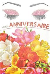 Afie 65-1236 Tarjeta Feliz Cumpleaños con Lentejuelas Mujer que Huele un Ramo de Flores Freesia Maquillaje Mascara Hecho en Francia