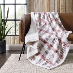 Eddie Bauer - Throw Blanket, Cotton Flannel Home Decor, All Season Reversible Sherpa Bedding (Union Bay Red, Throw)