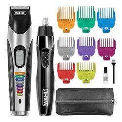 Wahl Kit multigroomer con ribete de color, incluye recortador de orejas y nariz, aseo corporal, recorte de barba, 8 peines de longitud codificados por colores, estuche de viaje, alimentación