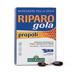 Naturando Riparo Gola Propoli Complemento Alimenticio Útil para la Salud de la Garganta con Própolis, Regaliz y aceites esenciales de Anís y Menta- 20 Cápsulas Gelatinosas