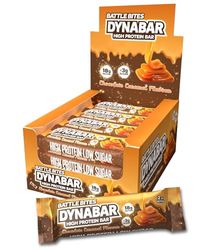 Battle Bites Dynabar High Protein Bars 12 x 60g - Chocolate Caramel Flavour - Low in Sugar, Free from Preservatives, Non-GMO, Suitable for Vegetarians - 18g protein + 243 calories per bar - Made in UK