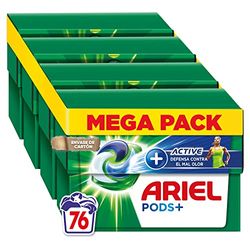 Ariel Active Todo En Uno Pods, Detergente Lavadora Liquido en Capsulas/Pastillas, 76 Lavados (4x19), Jabon Con Extra Poder Quitamanchas para la Ropa