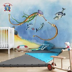 Apalis Papel pintado infantil de fieltro, diseño de la pequeña aguja de mar amigos, papel pintado fotográfico ancho | papel pintado de fieltro para pared, foto 3D, papel pintado fotográfico para