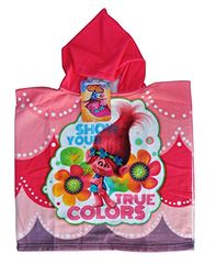 DreamWorks - Poncho/asciugamano in microfibra con cappuccio, Motivo Poppy (Trolls), in seta satinata, 50 x 100 cm (asciugamano) e 50 x 50 cm (poncho)