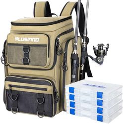 PLUSINNO Sac à dos de pêche avec supports de canne à pêche et boîte de pêche, 42 l, sac étanche pour ranger les outils de pêche, kaki (4 boîtes de pêche incluses dans la livraison), Medio-Grande