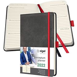 SIGEL C2257 agenda weekkalender 2022 - vintage design - lederlook - ca. A5 - grijs - hardcover - 192 pagina's - elastiek, penlus, archieftas - PEFC-gecertificeerd - Conceptum