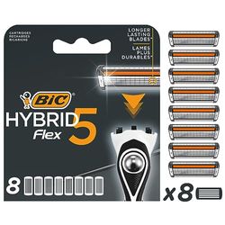 BIC Hybrid 5 Flex Cuchillas de Afeitar Hombre, Paquete de 8 Cuchillas de Recambio con 5 Hojas Móviles