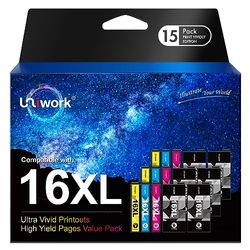 Uniwork 16XL 15-Pack Compatibile per Cartucce Epson 16 XL per WorkForce WF-2510 WF-2630 WF-2010 WF-2520 WF-2760 WF-2530 WF-2540 WF-2650 WF-2660 WF-2750 (Nero Ciano Magenta Giallo, 15-Pack)