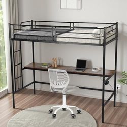 FurnitureR Lit Superposé 90x200 cm avec Table et 2 Prises de Courant+2USB, Lit en Mezzanine avec Echelle Latérale à Quatre Marches, Adapté aux Enfants et aux Adolescents, Fer + MDF, Brun Foncé