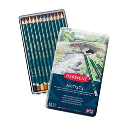 Derwent Artists Set di 12 Matite Colorate per Disegnare e Colorare, Ideali per Sfumature e Stratificazioni, Astuccio in Metallo Incluso, Qualità Professionale