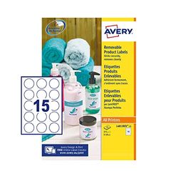 Avery Italia L4853REV-25 Etichette adesive in carta bianca adesivo rimovibile nessun residuo, 25 fogli A4, rotonde diam 51mm, 15 etichette per foglio, adesivo rimovibile, stampanti laser e inkjet