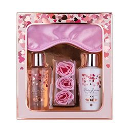 Accentra - set de regalo para mujer Heart Cascade - set de belleza con antifaz para dormir, gel de ducha, loción corporal y confeti de baño de rosas - set de bienestar para mujeres y niñas