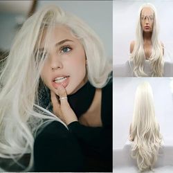 Xiweiya 60 Platinum Blonde Wig Long Body Wavy White Blonde Lace Front Wig Natural Hairline150% Density Hair -reparement Wig Heat Resistant Fiber Half Hand Tied for Women Drag Queen 24inch